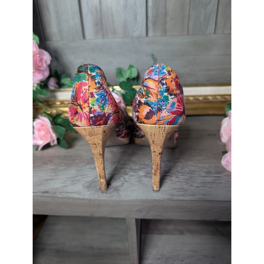 Fioni Multicolor Floral Cork Stiletto Pump Round Toe Slip On Women's US 9 - Picture 2 of 5